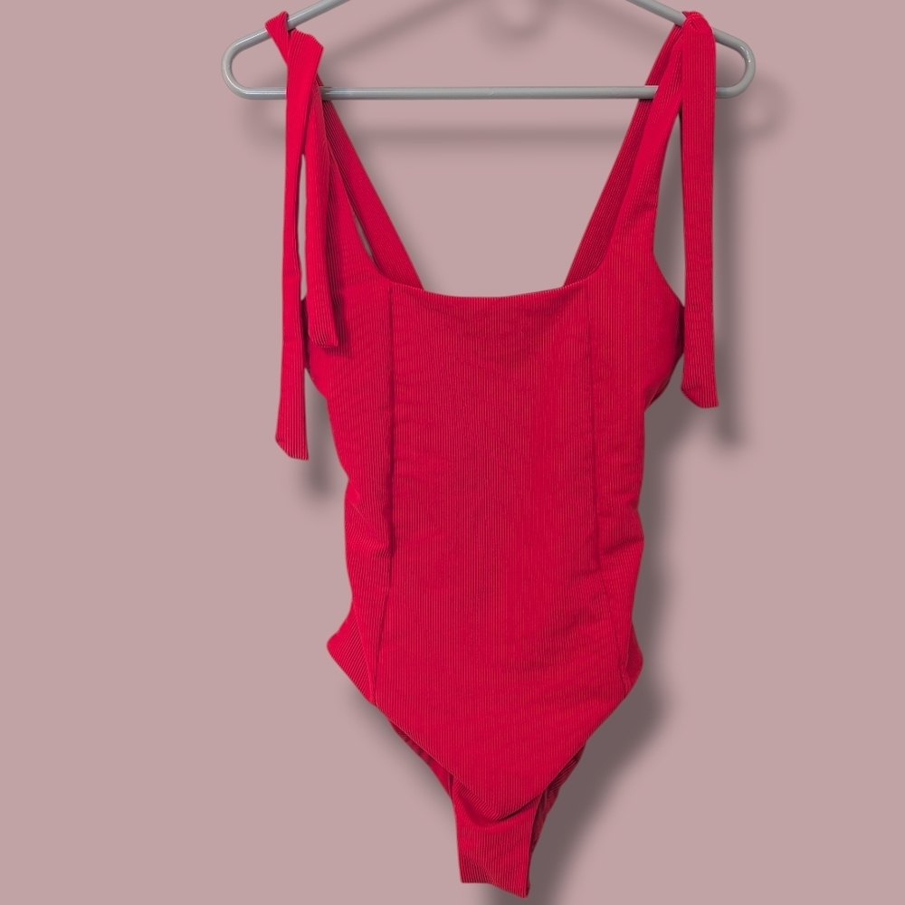 Beach Riot Red Ribbed One-Piece Swimsuit with Tie Straps